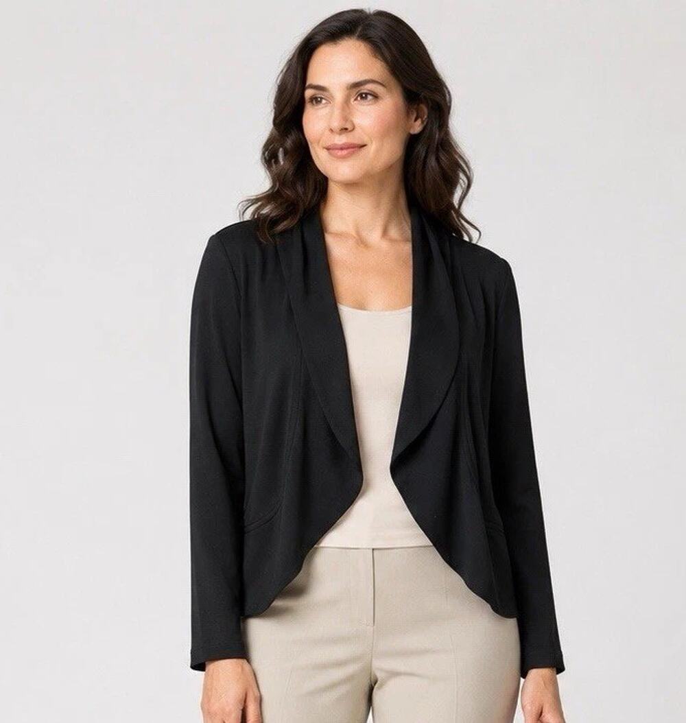 Clara Sun Woo Cropped Cardigan Jacket XL Black Slinky Knit Open Front Lagenlook